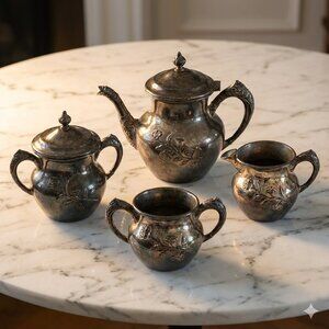 Gorgeous Antique Columbian Quadruple Silver Plated Coffee Tea Set of 4 Floral
